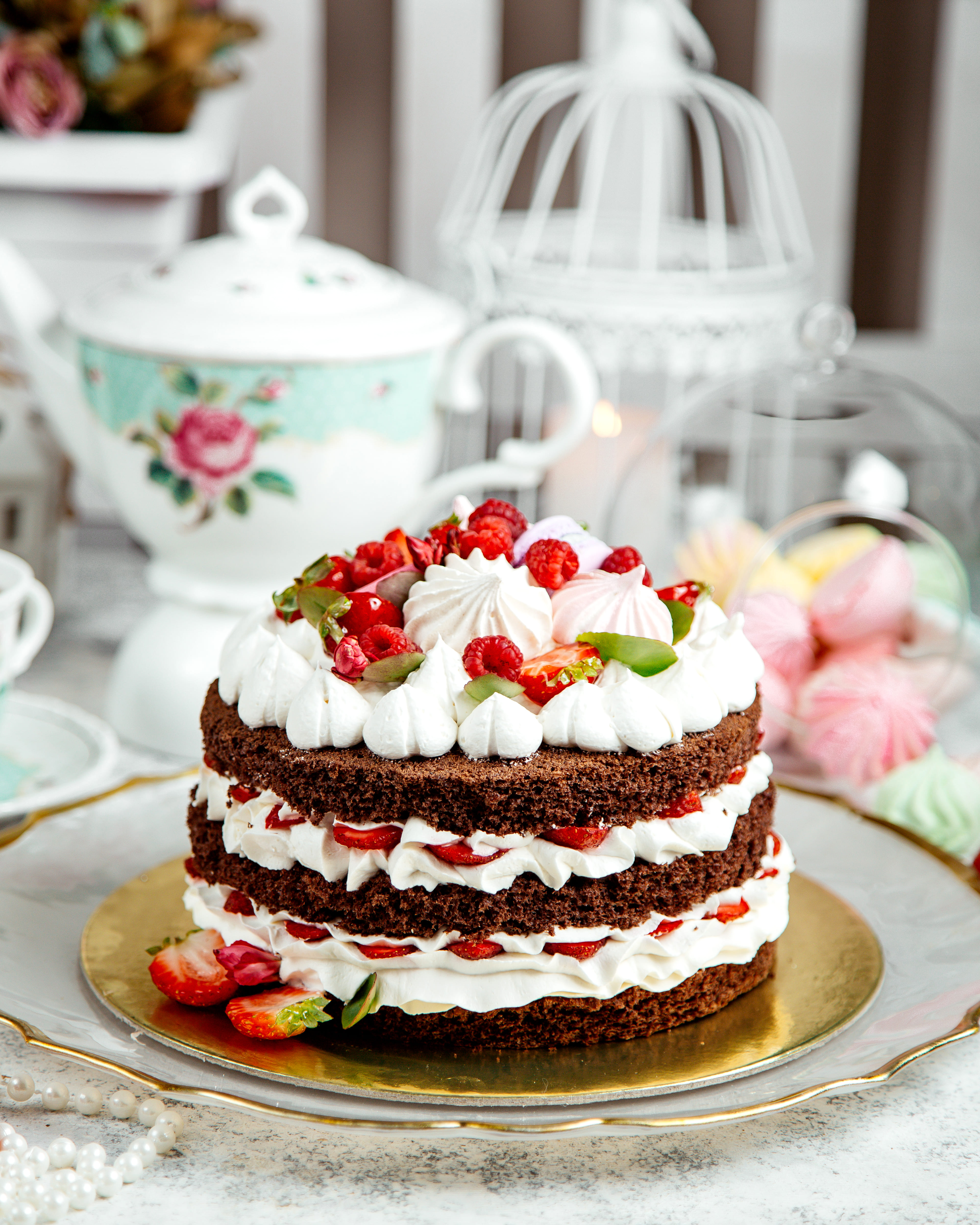 Strawberry and raspberry chocolate cake