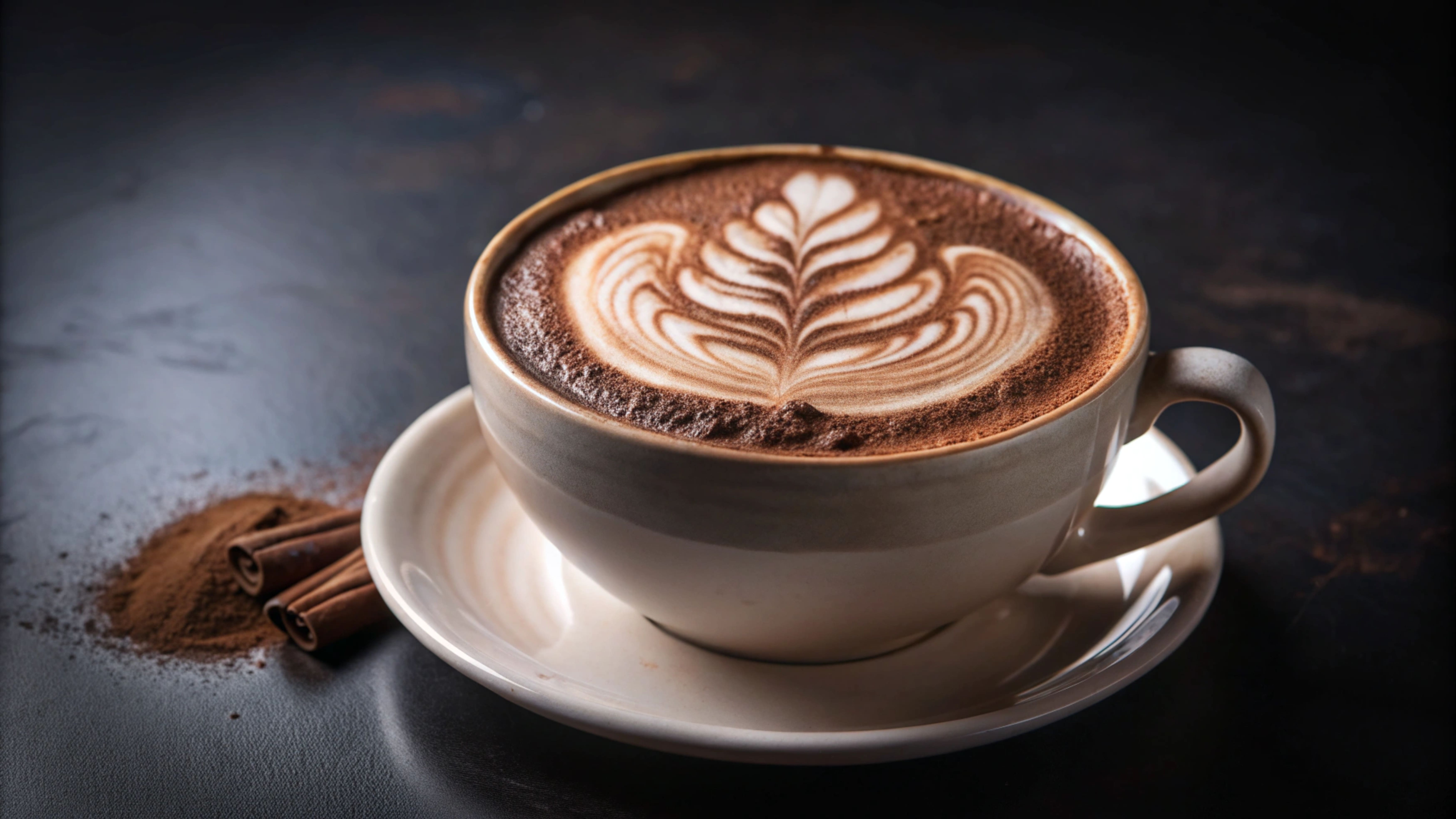 Latte with a flower pattern and cinnamon sticks on the side